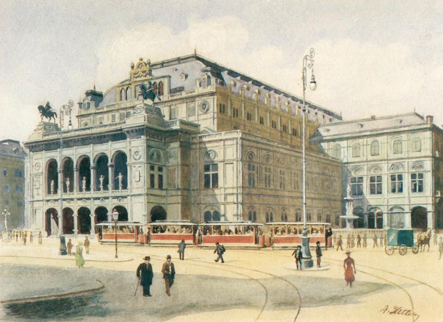 Adolf Hitler fails the 2nd round of the entrance examination of the Academy Of Fine Arts in Vienna. He is told that his drawings lack figures, and that he should become an architect as he has talent for buildings (drawing of Vienna's opera house by Hitler)